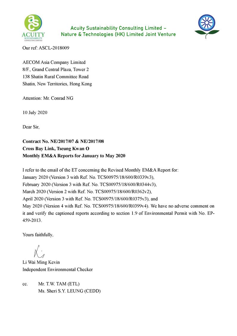 Verification for Revised Monthly EM&A Report Jan to May 2020